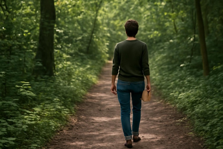 Person walking on a shaded woodland path carrying a small notebook