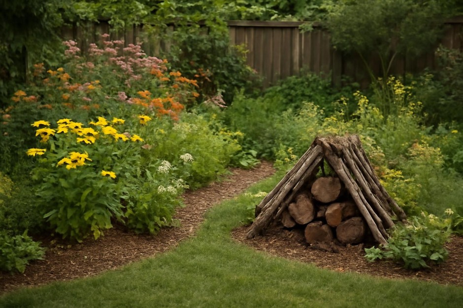 A small garden with native flowers and a log pile creating habitat